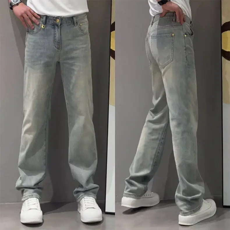 

Faionable Ретро Distred Jeans Мужские свободные повседневные прямые брюки с девятью зубцами Осень-Весна High Street Sle