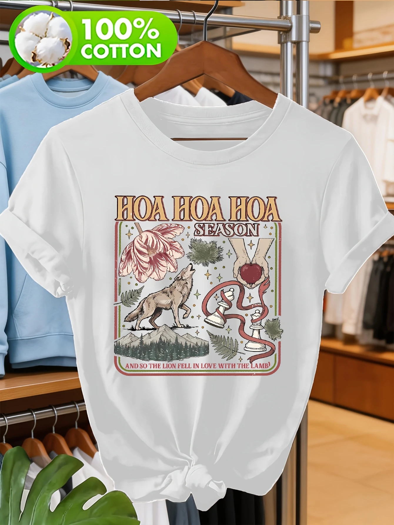Camiseta de Mujer con Estampado Retro de Flor de Loto, Lobo y Ajedrez, Cuello Redondo, Blanca, Unisex, Estilo Urbano