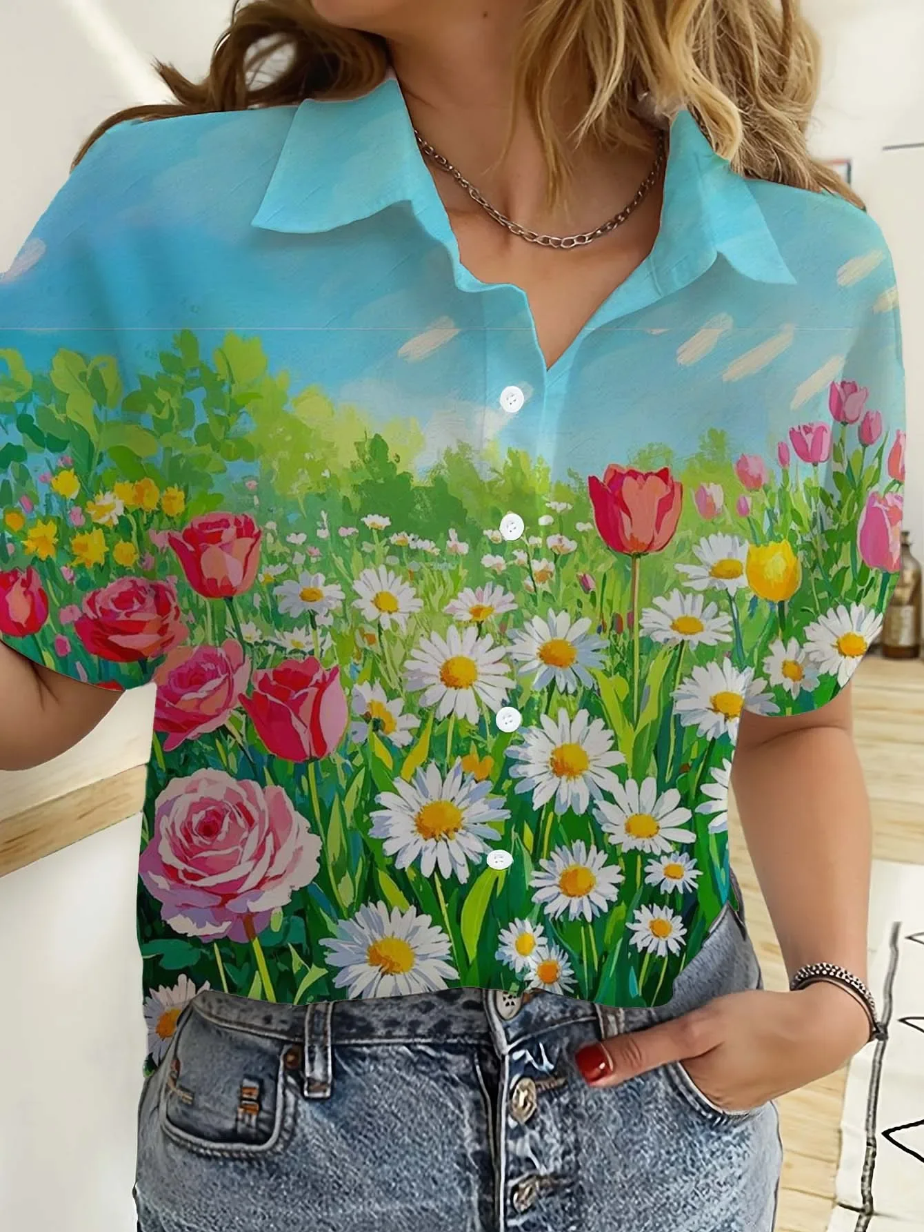 

Floral Womens Shirts Short Sleeve Button Rose 3D Printed Casual Beach Shirt Summer New Sunflower Blouse Y2k Tops Women's Clothes