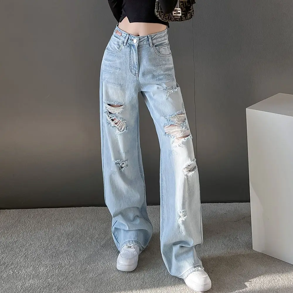 

Spring Summer New High Waist Ripped Holes Straight Jeans Women High Street Loose Wide Leg Denim Pants s818