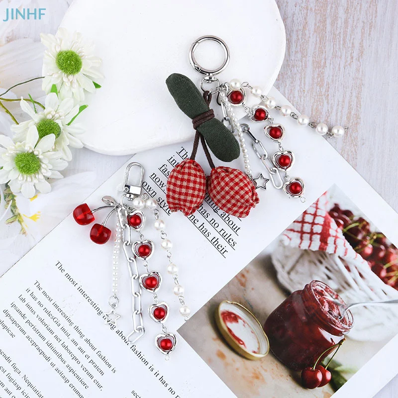 1Pc Y2K Harajuku Cherry Pearl Heart Tassel Keyring Creative Cherry Keychain Pendant Girls Fashion Versatile Bag Hanging Ornament