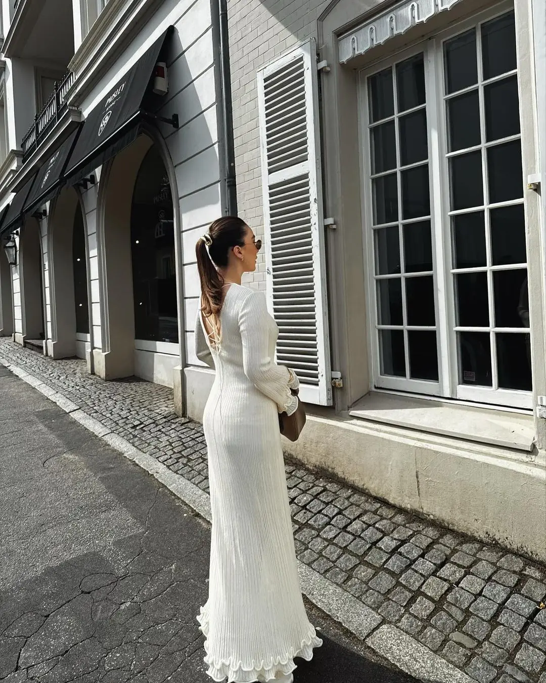 Elegante Vestido largo de punto con manga acampanada para mujer, en la espalda vestidos ajustados con cordones, ropa informal para fiesta en la calle y Club, moda con dobladillo de encaje