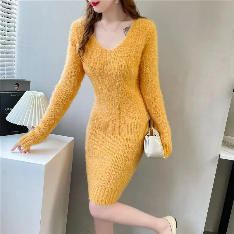 Imitation Mink women\'s Knit Dress Autumn Winter Elasticity Slim Bottoming Sweater Long Sleeve V Neck Office Lady Elegant Dress