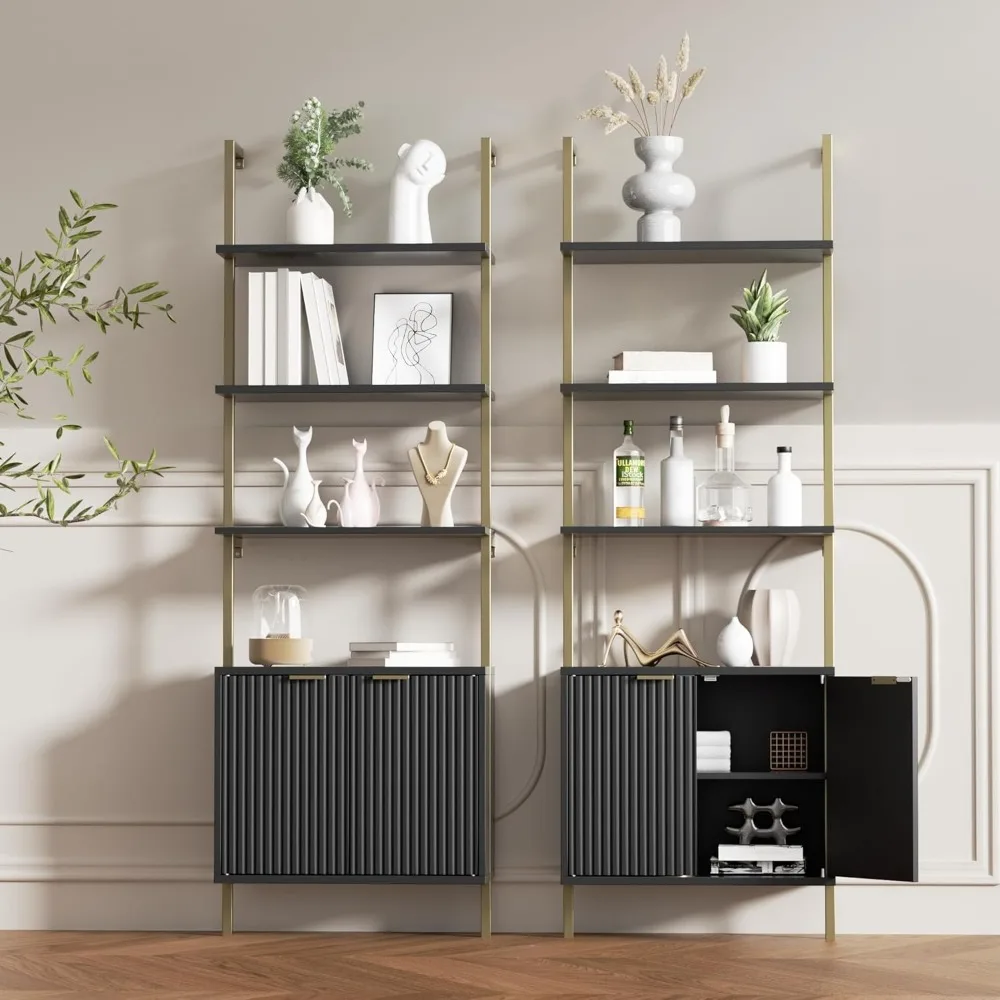 

Set of 2 Ladder Bookshelf with Cabinet, 71" Tall Bookcase with Shelves & Storage, Fluted Ladder Shelf with Metal Frame, 6-Tier D