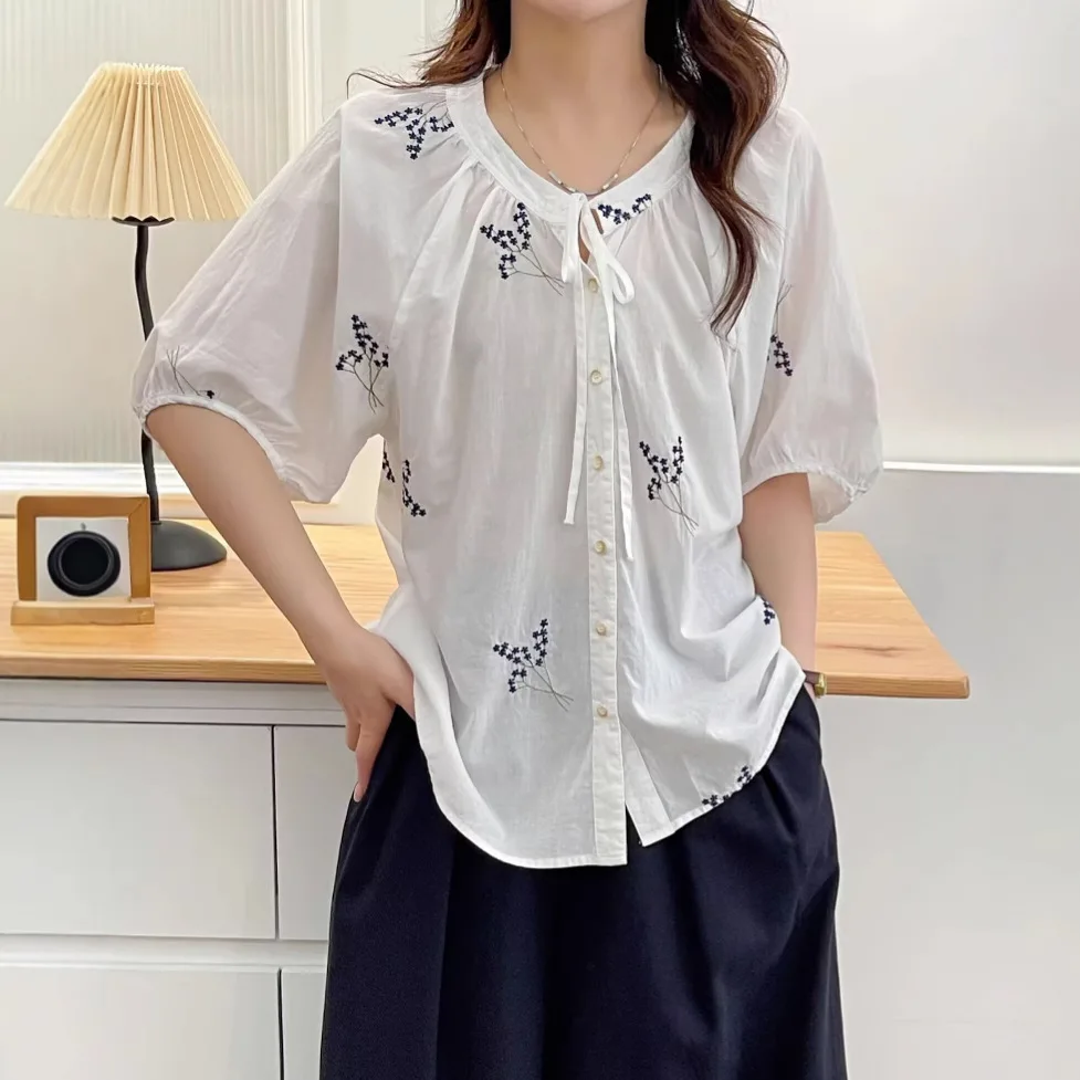 ใหม่2025ฤดูร้อนผ้าฝ้ายครึ่งแขนเสื้อผู้หญิงOคอเย็บปักถักร้อยLace-Up, Moriสาวภาษาฝรั่งเศสคําRetroหลวมตุ๊กตาเสื้อt56287CC