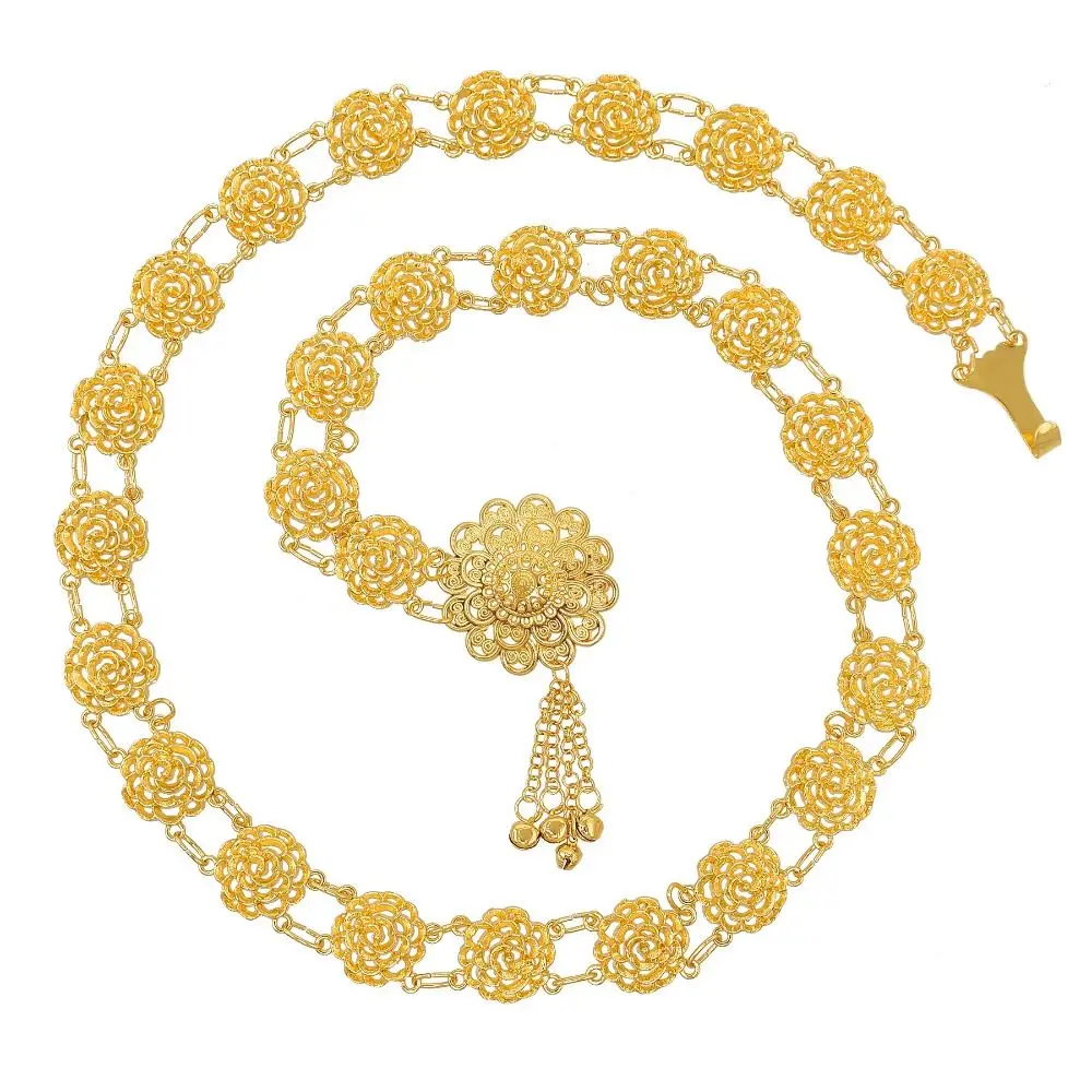 سلسلة خصر ذهبية اللون للرقص الشرقي الهندية العرقية ، تايلاندية غجرية ، تركية ، أحزمة زهور مجوفة ، فستان أفغاني ، مغربي