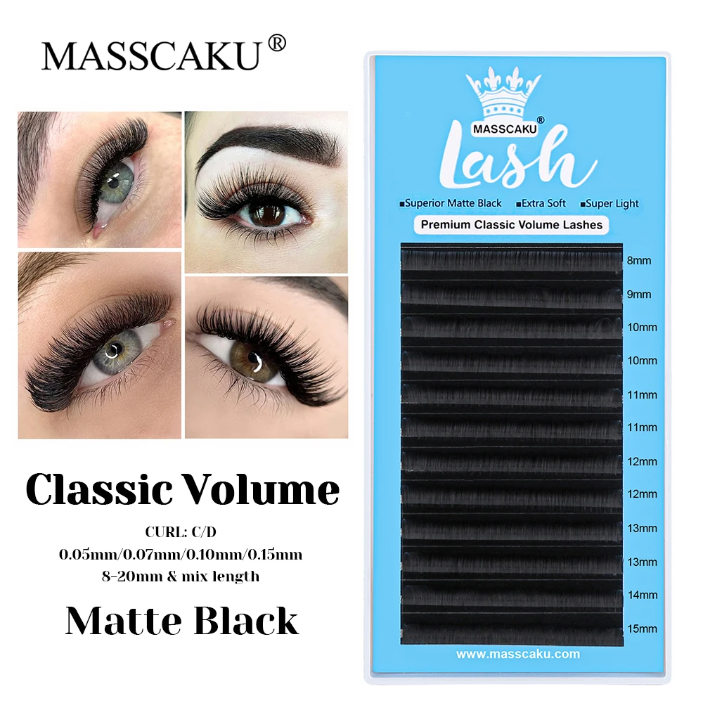 

MASSCAKU High Quality Natural Look Matte Dark Black Classic Regular Lash Long-lasting Rapid Grafting Russian Volume Lashes Trays