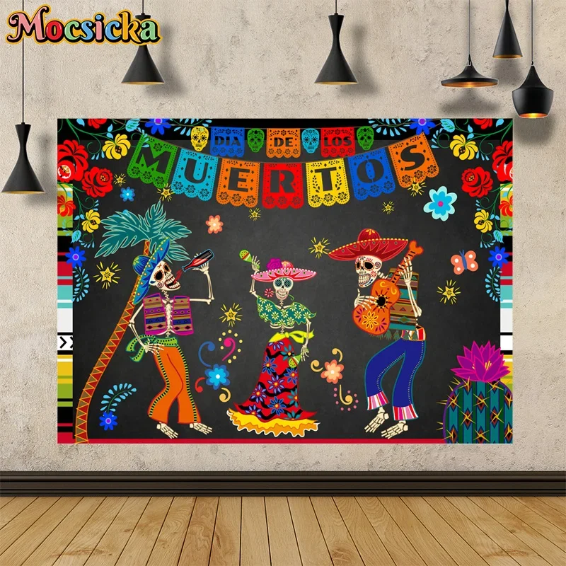 Mocsicka Day of the Dead Photography Backdrop Skeleton Singing Guitar Background Mardi Gras Birthday Party Kids Photo Studio