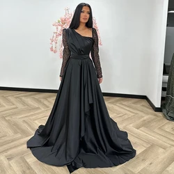 Thinyfull Black A-Line Prom Dresses Women Long Sleeve Sequines Satin Evening Dress Saudi Arabia Cocktail Party Gowns Plus Size