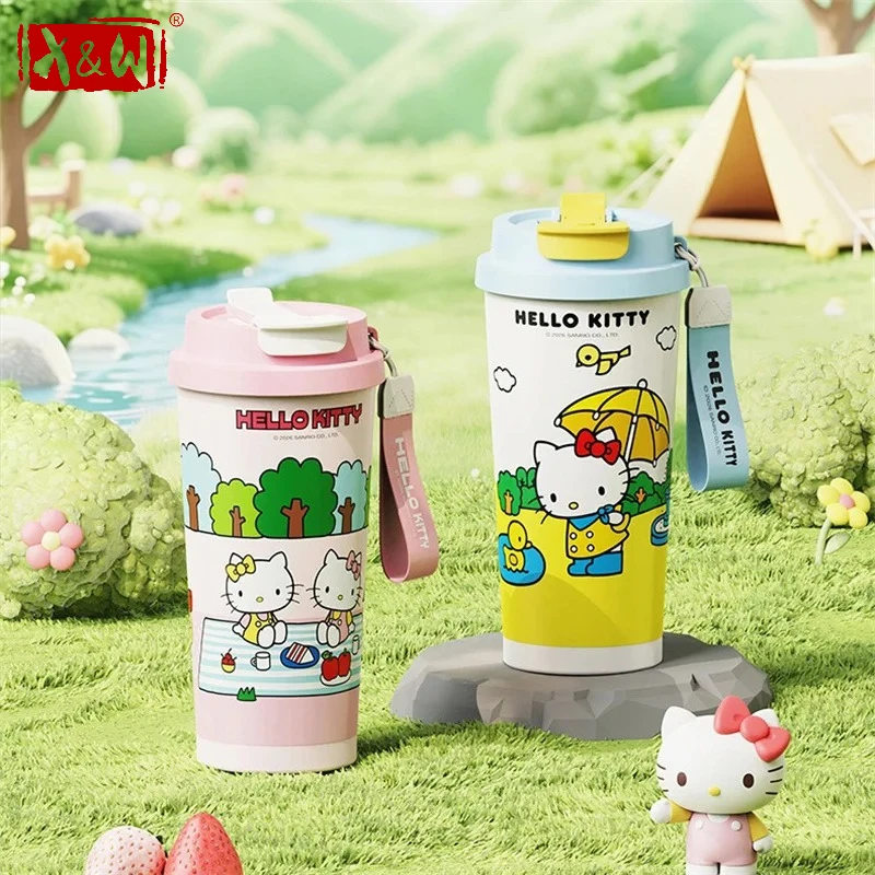 X&W Hello Kitty Thermos Cup 316 Stainless Steel Vacuum Flask Dual-drink Straw Cup Coffee Mug Portable Travel Ice Tumbler Gifts