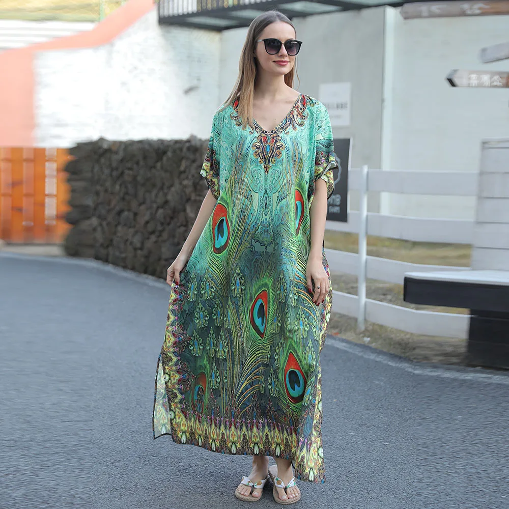 

Plus Size Boho Cover Up Dress, Women's Plus Colorblock Stripe Print Bat Sleeve V Neck Split Hem Slight Stretch Maxi Cover Up Dre