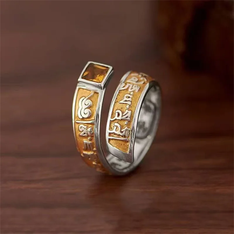 Retro Six Character Mantra Jambhala Ring For Men Jewelry Trendy Lady Index Finger Ring Gold Silver Collision Open Accessories