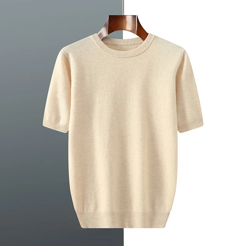 

Men's t-shirt sweater loose five-quarter sleeves autumn short sleeves solid color knitted round neck simple men's knitted top