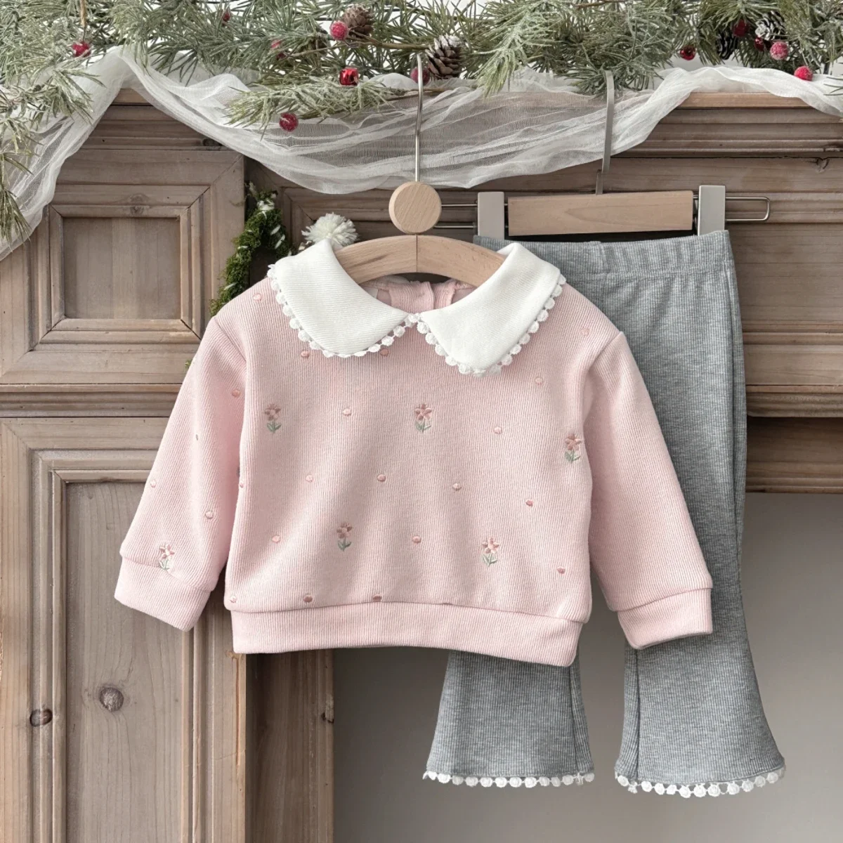 1-3 Years Toddler Girl 2Pcs Outfit Pink Pearl Peter Pan Collar Sweatshirt + Fringe Flare Pants Set Floral Embroidery