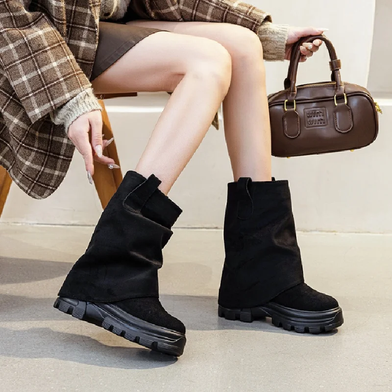 8 سنتيمتر النساء حذاء من الجلد ستوكات الجلود كعب منصة الأحذية مكتنزة الجوارب أحذية الانزلاق على أحذية رياضية بوتاس الخريف #3