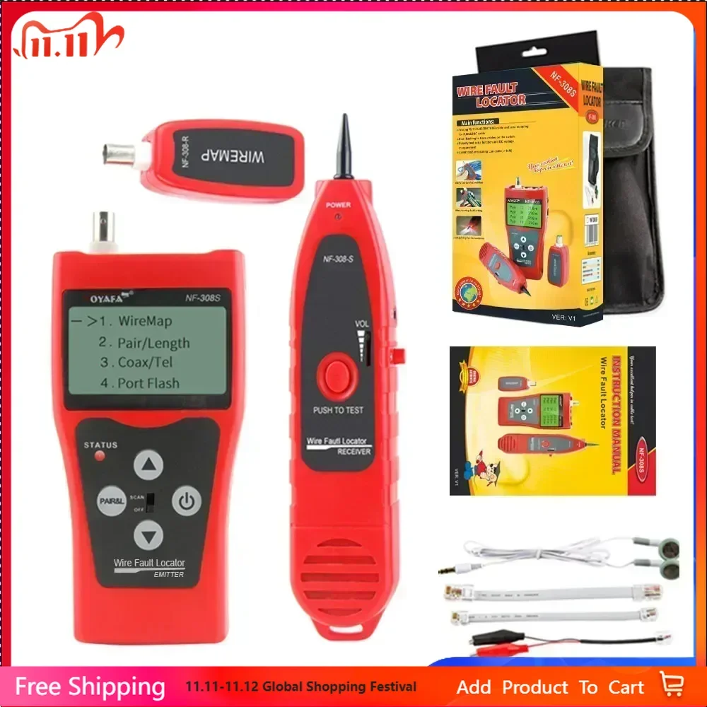 

ZHOUCE NF-308 Network Cable Tester LCD Wire Fault Locator Red Color with USB RJ45 RJ11 LAN BNC Coaxial Measurement Tool