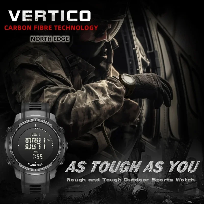 NORTH EDGE VERTICO Men's Digital Outdoor Sports Wristwatch, WR50M Waterproof Watch with Built-in Altimeter, Barometer and Compas