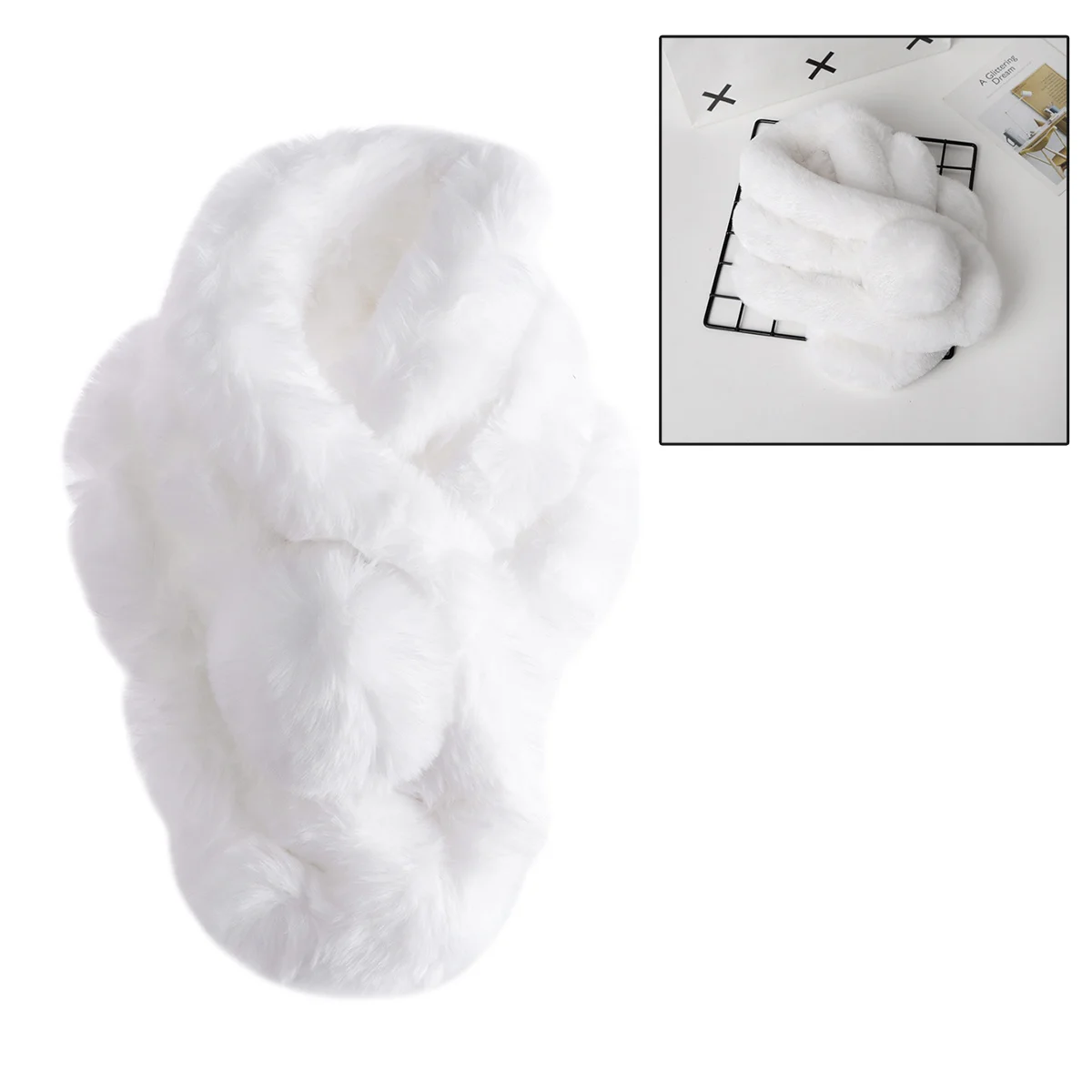 وشاح شتوي أنيق للحفاظ على الدفء على شعر أرنب صناعي أبيض أنيق وخفيف الوزن للنساء وشاح شتوي