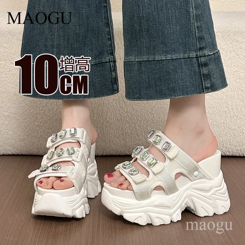 

Rhinestone Platform Wedge Slides Women's 10CM Chunky Sole Open Toe Sandals Breathable Slip-On Shoes for Summer Streetwear