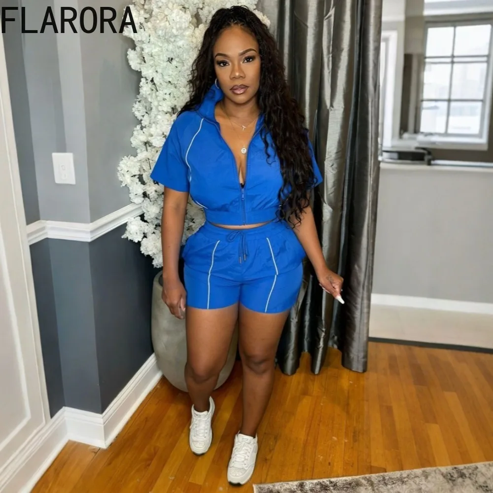 

FLARORA Fashion Stripe Patchwork 2 Piece Sets Woman Casual Zip Short Sleeve Crop Tops And Shorts Suit Female Street Tracksuits