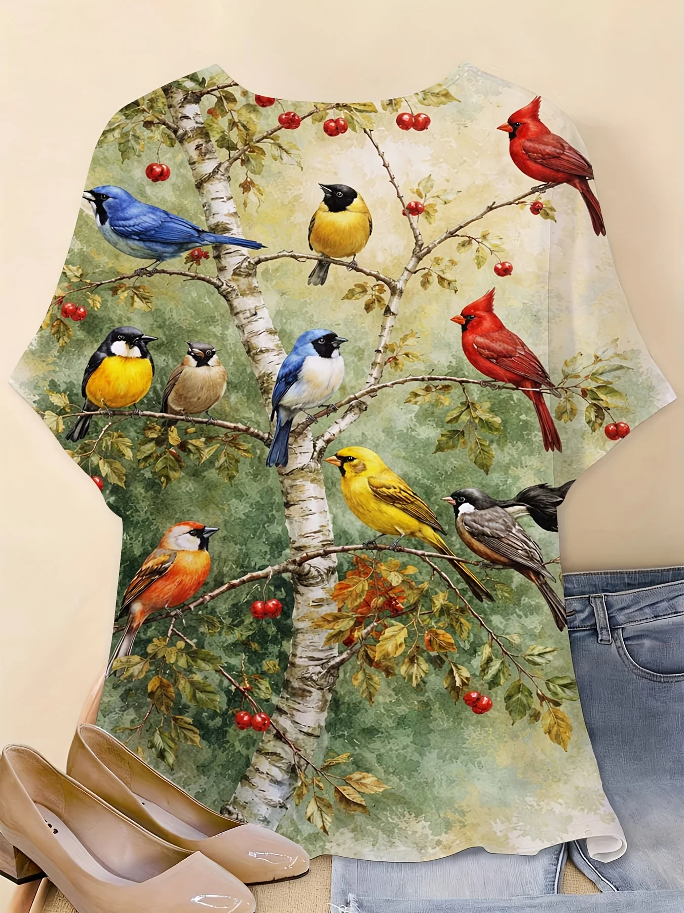 Women Colorful Wild Birds Birch Branch Berry Print T‑Shirt Vintage Forest O‑Neck Short Sleeve Tops