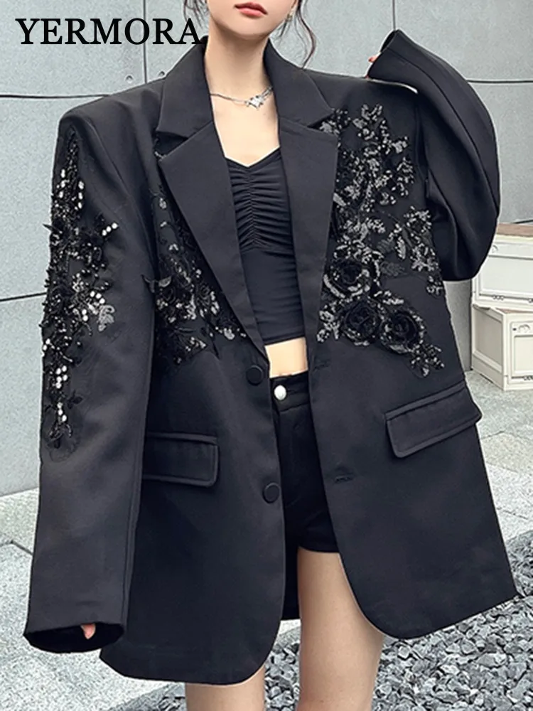 

YERMORA черный повседневный блейзер с цветочным принтом и блестками для женщин, свободная новая куртка с лацканами и длинными рукавами, модная весна-осень 2025