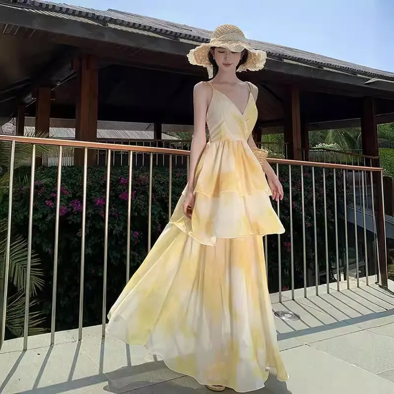 

Summer Women Sleeveless Long Dress High Waist Bicolor Halter Neck Gown Korean Maxi Dresses for Bohemian Party Dresses Y2k Платье