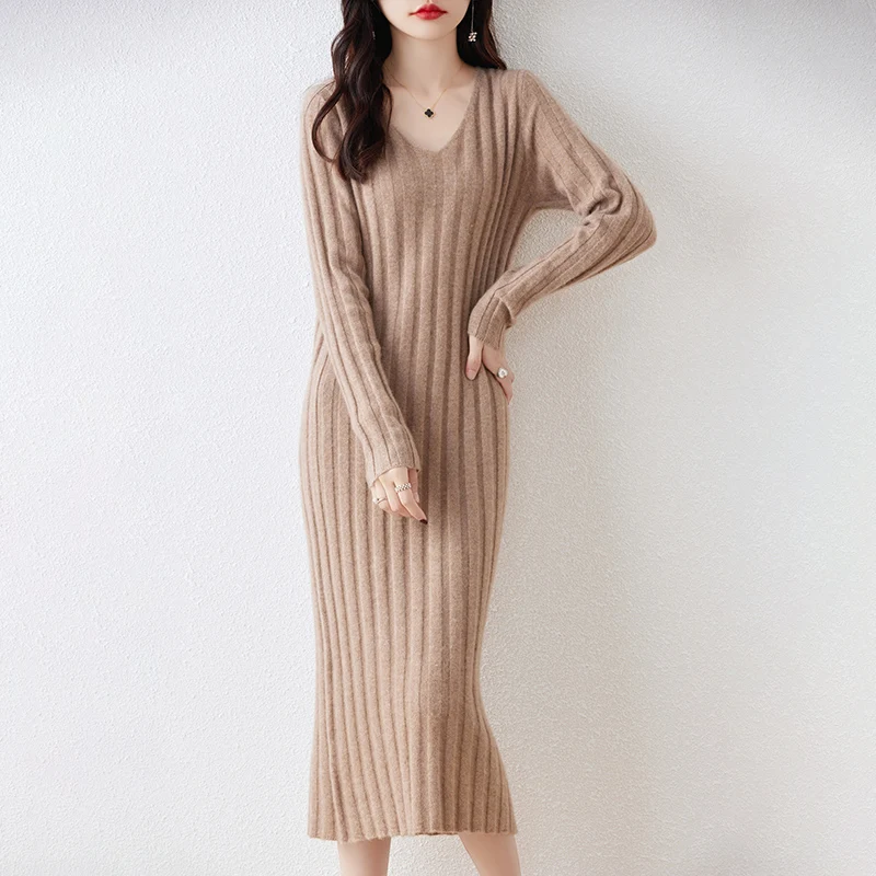 Hot Sale Women 100% Merino Wool Sweater Dress 2023 Autumn/Winter New Female Solid Warm Dresses Casual Basic Knitted Pullover