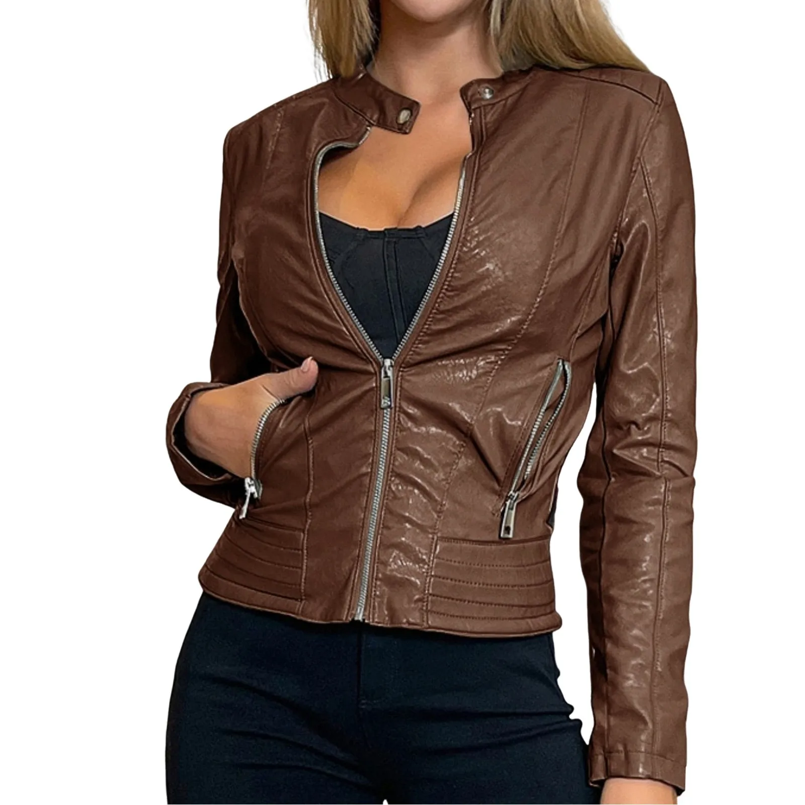 Women Bike Coat Moto Biker PU Leather Jackets Spring Autumn Slim Fit Faux Leather Jacket Outerwear Women Fashion Short Jacket