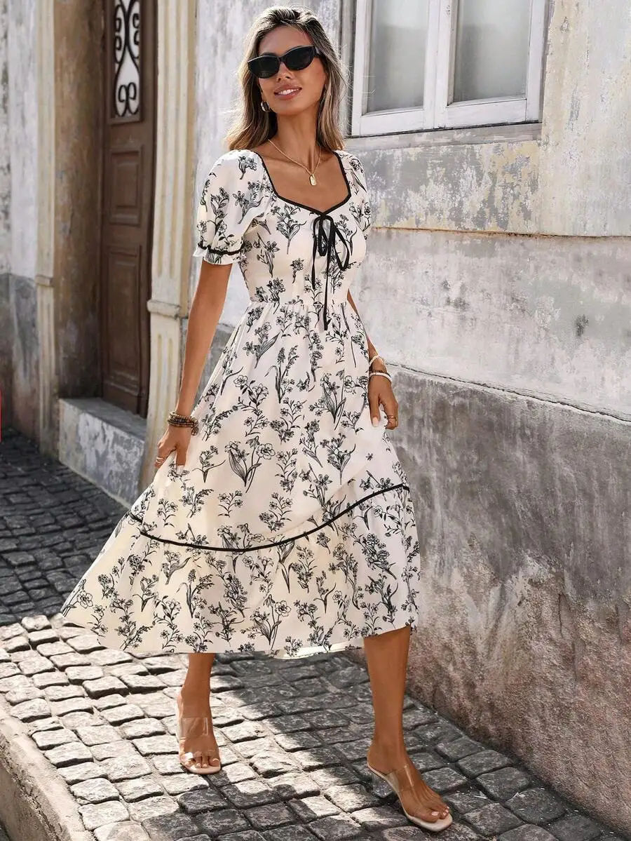 

French Style Square Neck Floral Print Midi Dress For Women Casual Summer Vacation Dress