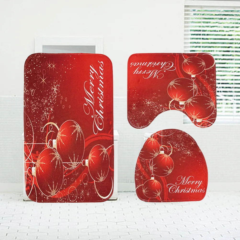 

Christmas Ball Pattern Bathroom Mat Set Red Anti-Slip Washable Toilet Floor Mat Quick-Dry Bacteria-Resistant Carpet