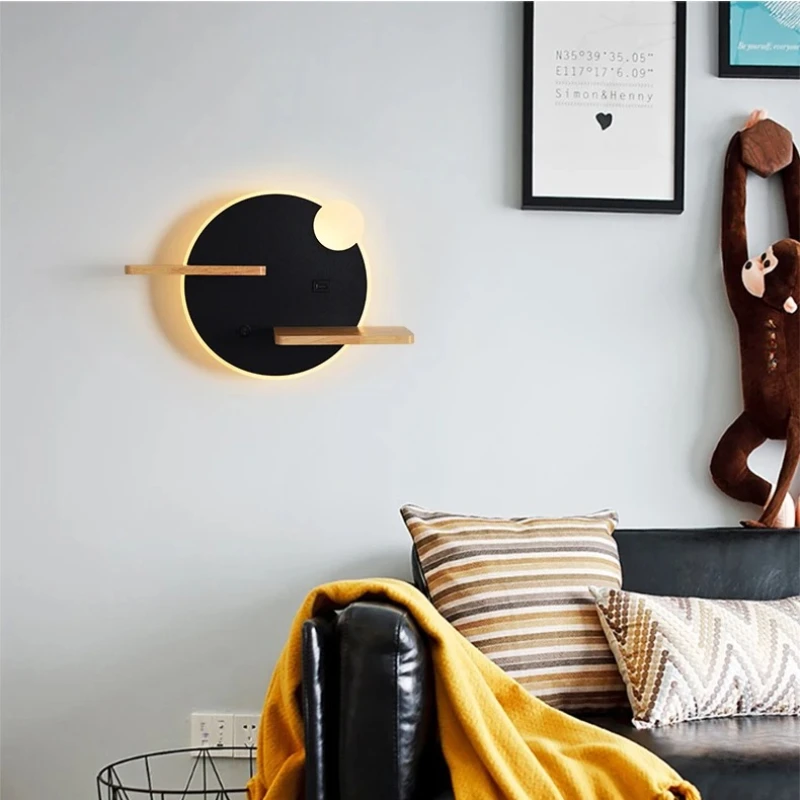 Circular Wall Lamp with USB Interface Storage Rack, Bedside Lamp, Indoor Bedroom, Living Room, Hotel Room, Background Wall