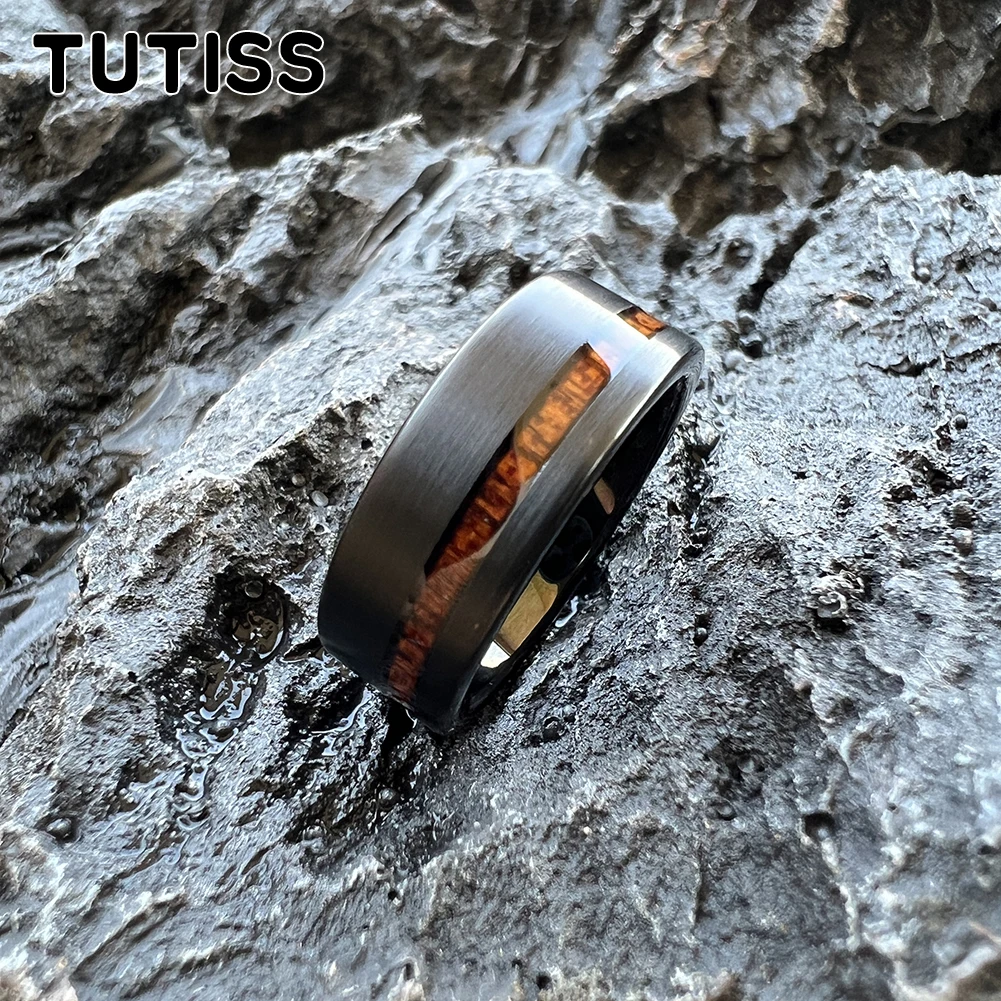 TUTISS 6mm 8mm Tungsten Couple Ring Black Men Women Wedding Band With Real Wood Inlay Offset Grooved Comfort Fit