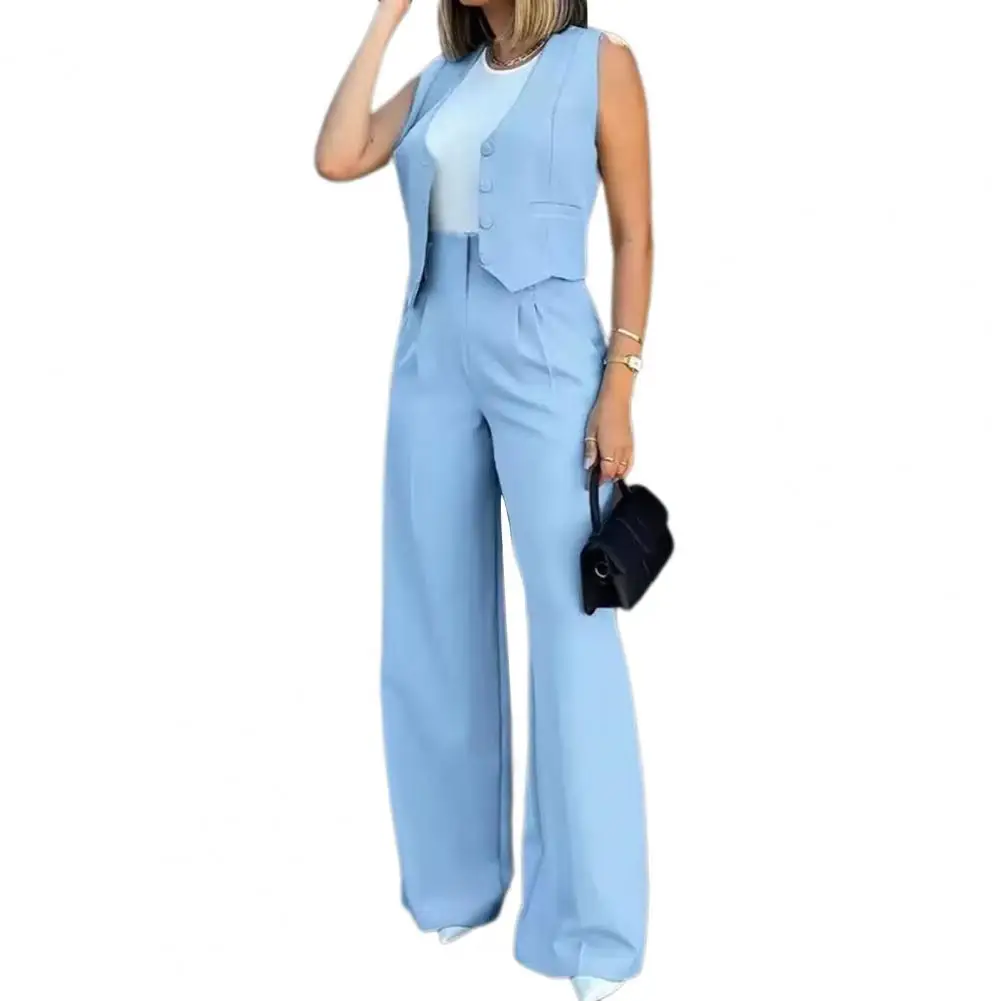 2 Pcs/Set Women Outfit Waistcoat Vest Suit Pants Set Formal Business Single-breasted Top Wide Leg Solid Color OL Outfit