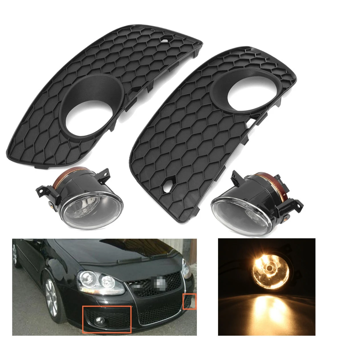 Car Front Bumper Fog Light Cover Honeycomb Mesh Grilles with H11 Bulbs 1K0 853 665 for Golf MK5/GLI Jetta 2004-2009