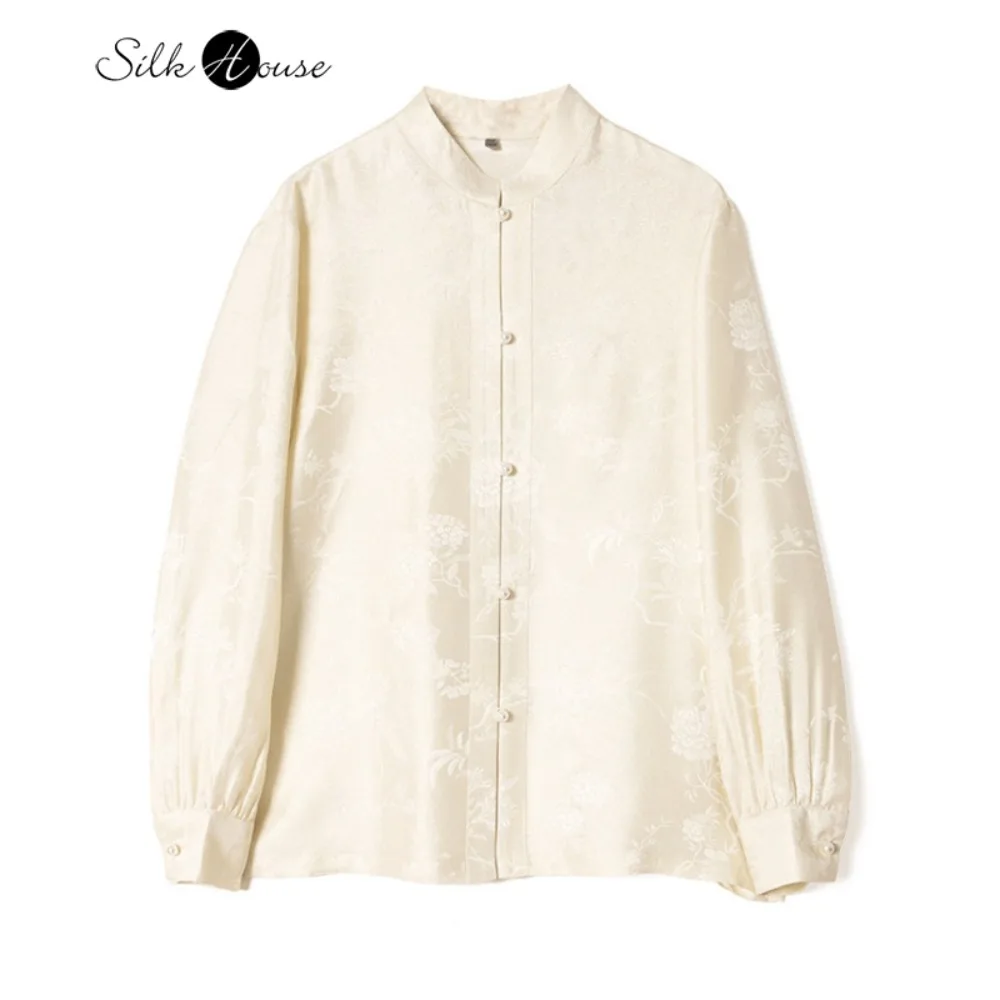 

2026Women's Fashion Spring Clothing Beige Gold Wire 100%Natural Mulberry Silk HuaLuo Stand Collar Jacquard Single Breasted Shirt