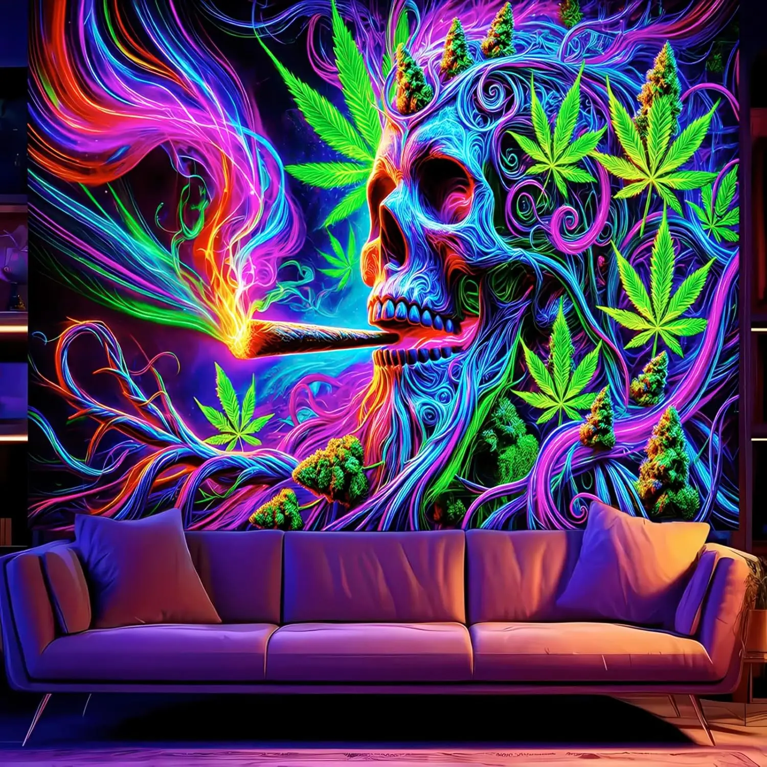 Psychedelic Skull Tapestry - Trippy Smoking Skeleton Wall Art, Colorful Leaf Decor, Boho Room Bedroom, Multiple Sizes