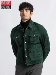 Luxury Autumn New Men Real Sheep Suede Leather Jacket Slim Fit Short Single Breasted Business Casual Work Natural Suede Coat