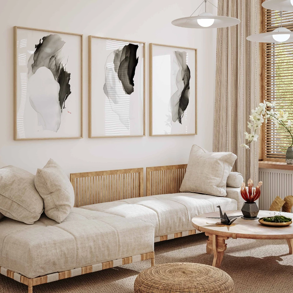 3PCS Frameless,Modern Minimalist Art Black White Wall Prints Poster Living Room Art Office Abstract Watercolor Printable Wall Ar