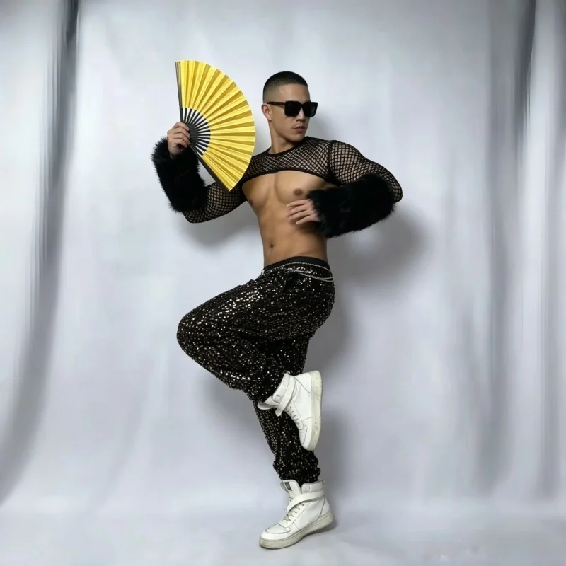

Muscle Man Feather Sleeve Mesh Tops Nightclub Bar Gogo Dance CostumeSequins Pants Sexy Rave Outfit DJ Pole Dancing Clothing