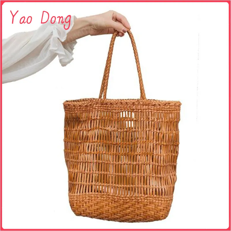 Yao Dong novedad de verano elegante bolso tipo cesta de verduras bolso de cuero hueco Cuero de vaca japonés bolso a rayas tejido a mano vacaciones femeninas