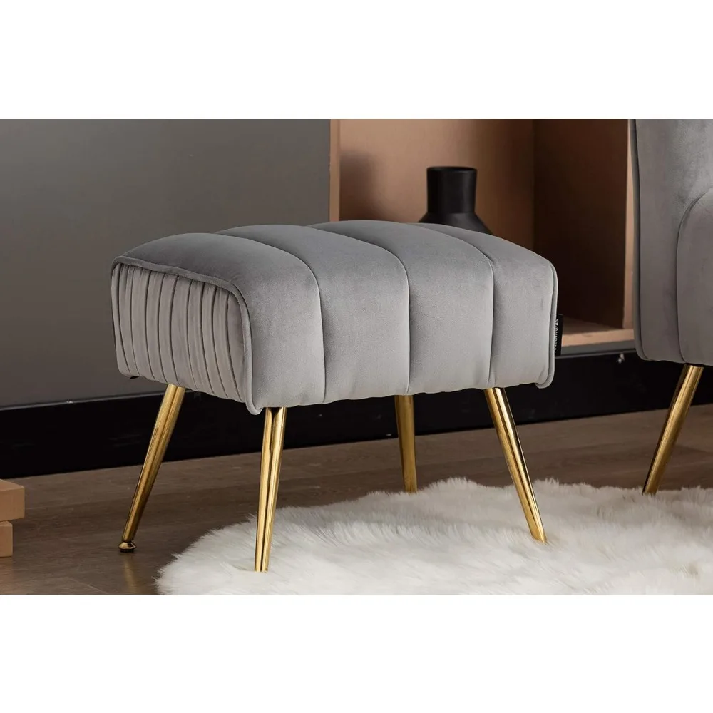 

Upholstered Velvet Ottoman with Gold Legs Metal Base for Foot Rest Stool Seat in Living Room Bedroom Hallway Entryway,Grey