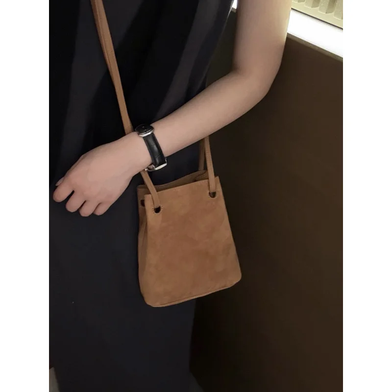 

Frosted Suede Bucket Bag Fashion Versatile Single Shoulder Crossbody Small genuine leather bags for women New Pouch vintage bag