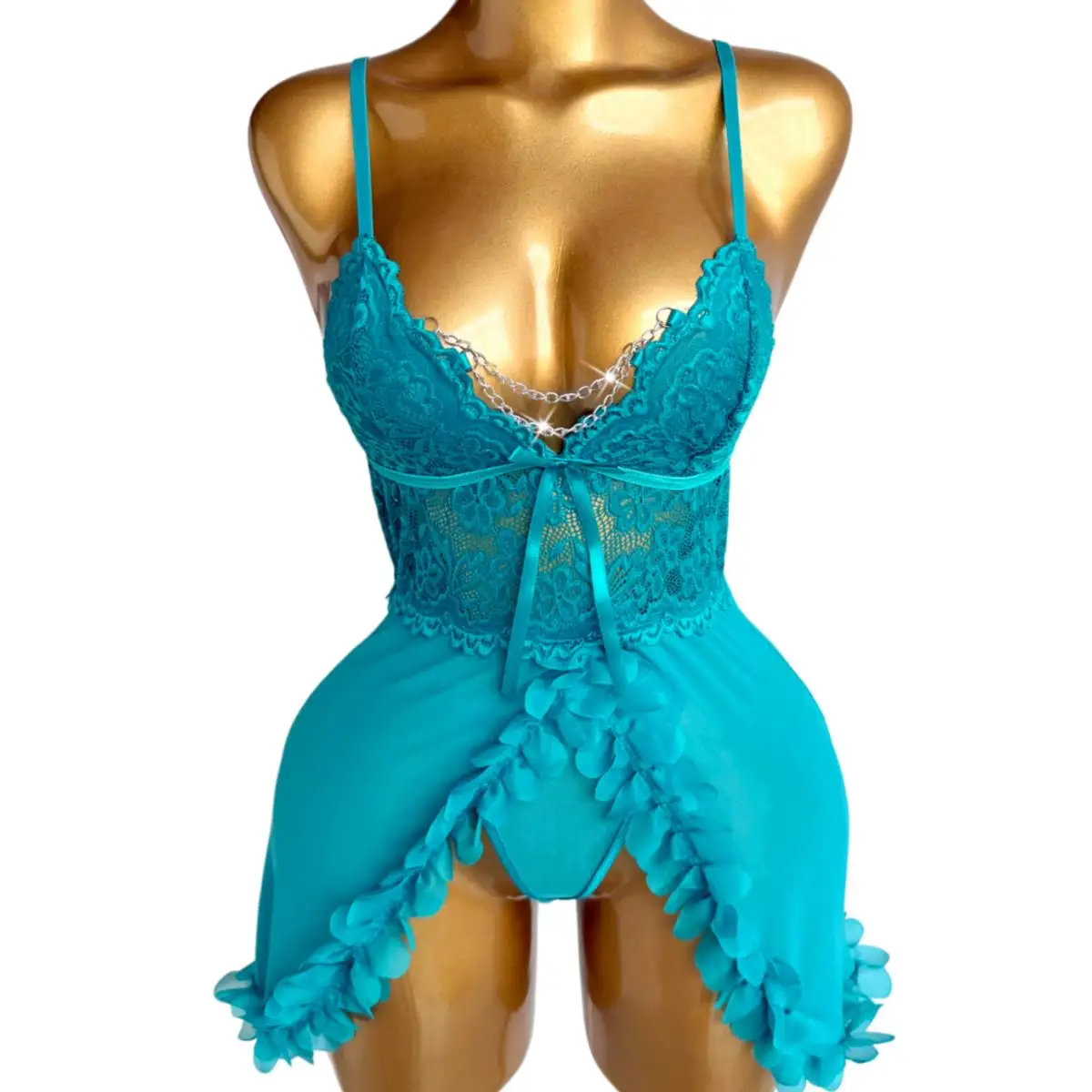 2026 New Women's Blue Lace Babydolls Lingerie Set - Deep V-Neck Spaghetti Strap Chemise With Matching Thong Babydoll Nightgown
