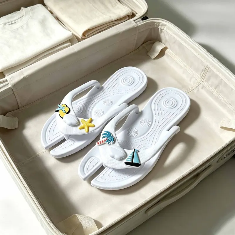 Unisex Summer Flip Flops Fun Charm Detail Wavy Textured Footbed Thick Sole Beach Pool Thong Sandals Travel Footwear