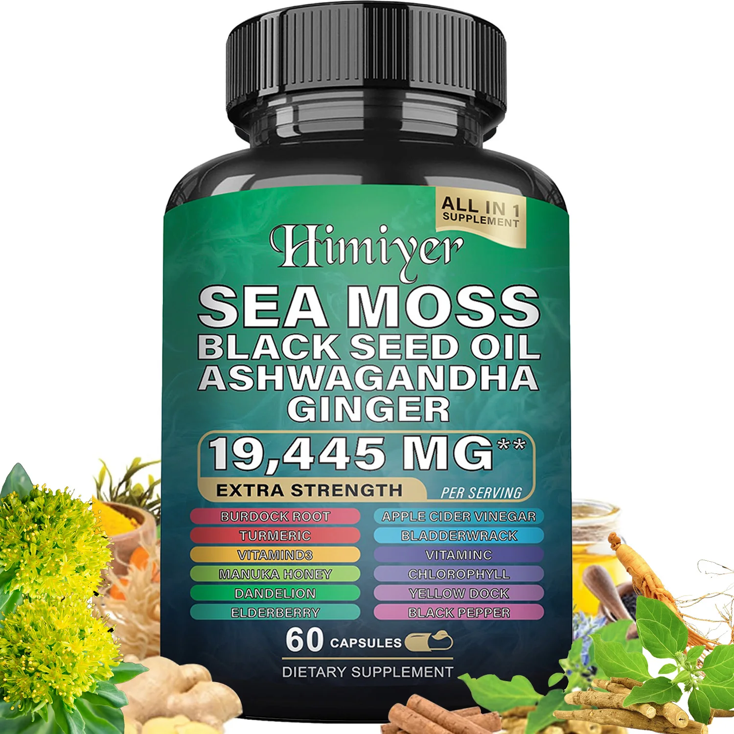 Seaweed 7000mg Black seed oil 4000mg Ashwagandha 2000mg Turmeric 2000mg Bladder 2000mg Burdock 2000mg and ginger Vitamin C