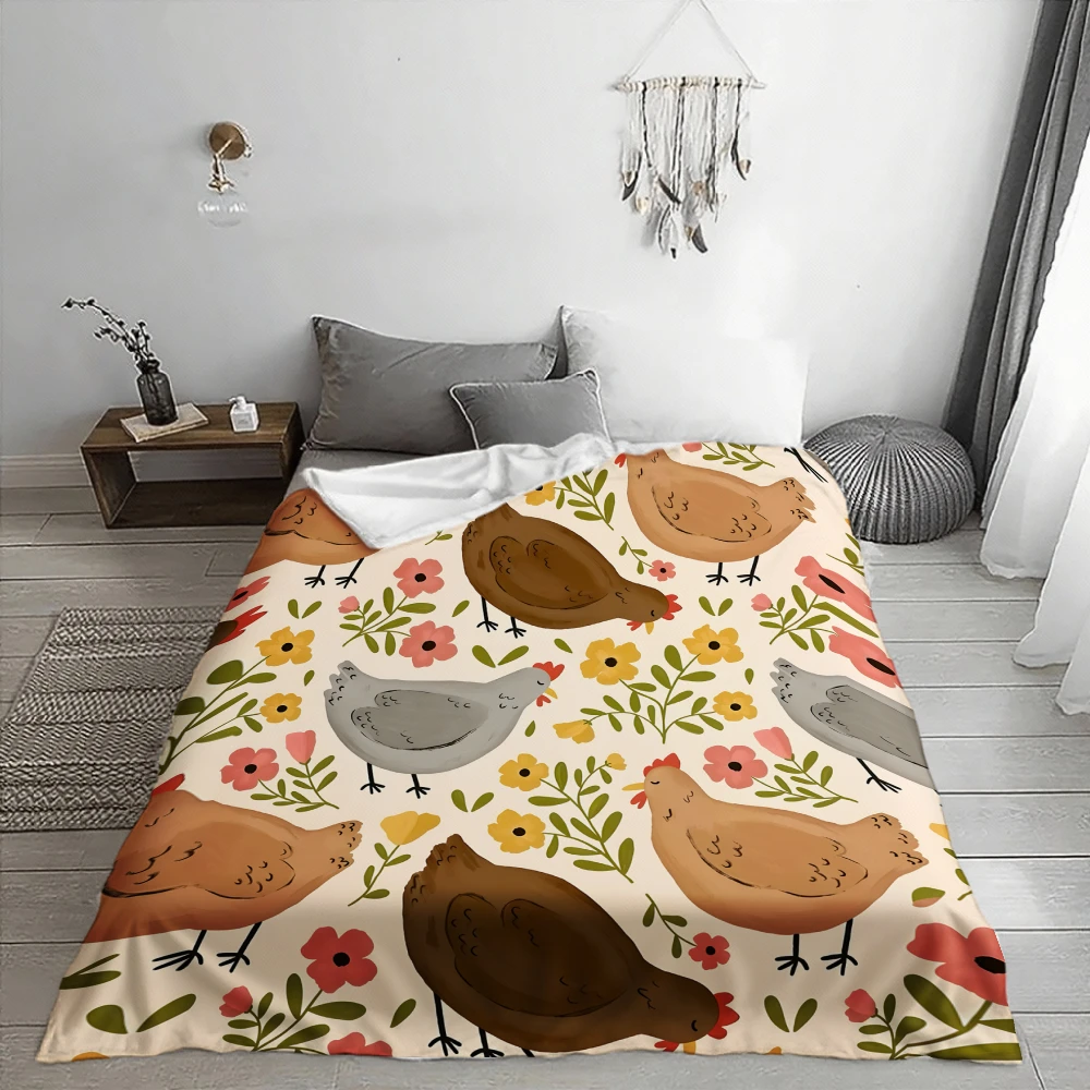 Cute Chicken Floral Pattern Throw Blanket for Sofa Bedroom Boho Farmhouse Decor Gift for Couch Cozy Seating Area Decoration