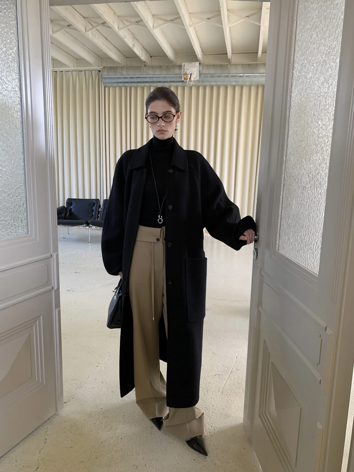 

Taco Studios Casual Loose Straight Leg Pants Dstring Waist Design Commute High Waist Woolen Long Trousers for Ladies