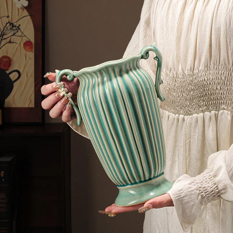 Vintage French Double Handle Ceramic Vase Vertical Striped Crack Glaze Flower Vase for Living Room