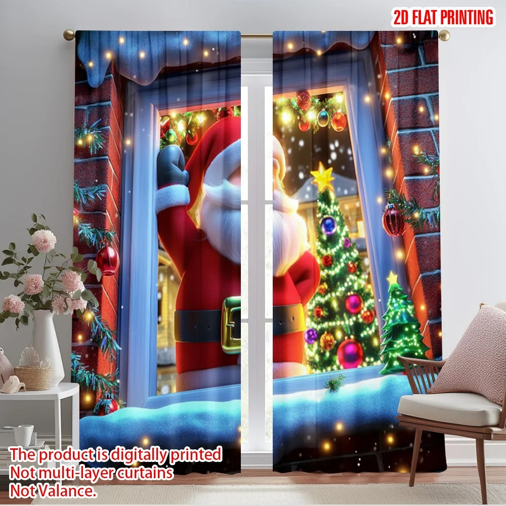 2 Stück 2D-Flachdruck-Fensterbehandlungsvorhänge, Weihnachtsmann, Polyesterstoff ohne Strom, saisonale Party und Urlaub